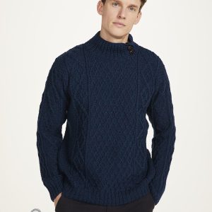 Moyne Mens Aran Sweater with Button Collar - Navy
