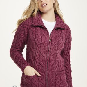 Aran Full Zip Cardigan - Raspberry